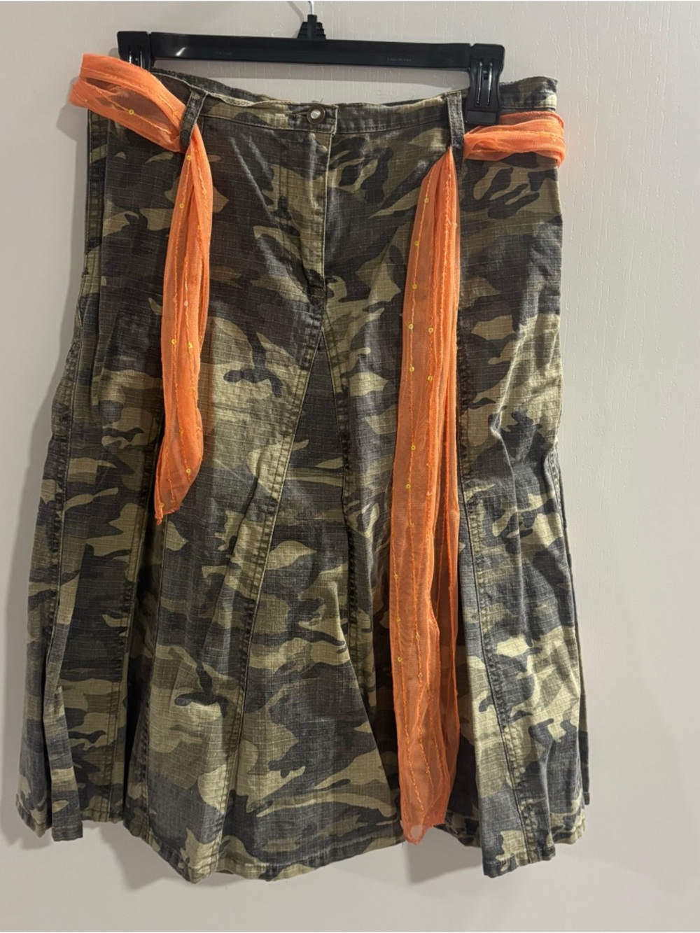 Rewind Camo A-Line Skirt with Bright Orange Sash